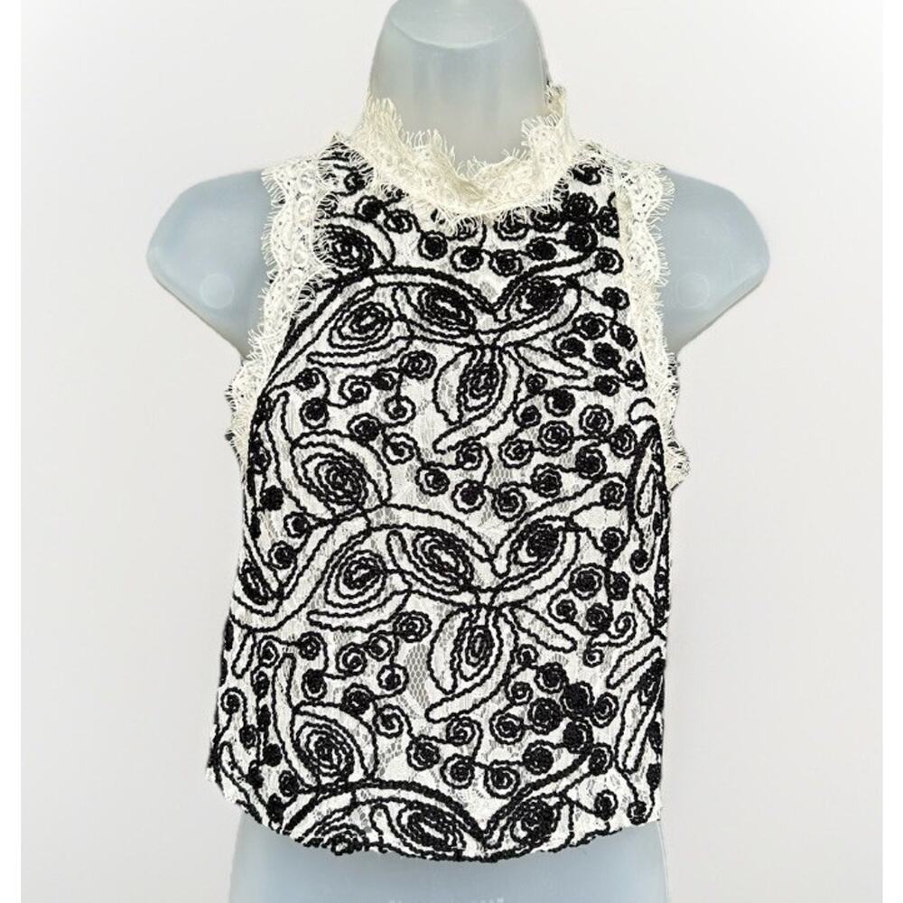 Zara Trafaluc Black White Lace Embroidered Mock Neck Top Size Small Sleeveless